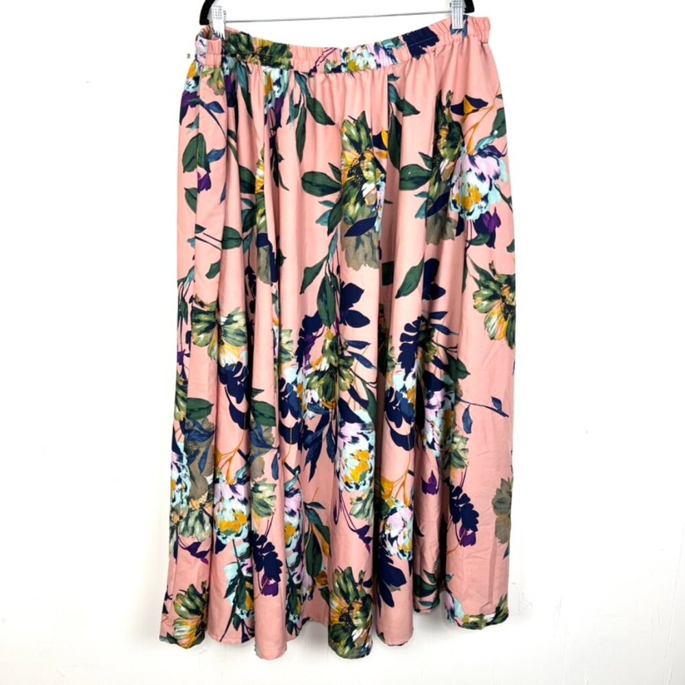 Cato Maxi Skirt Pink Floral Elastic Waist Full Swing Plus Size 26/28W 4X